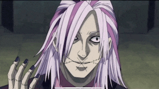 a close up of a cartoon character with long white hair and purple streaks .