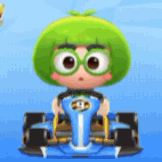 a cartoon character with green hair and glasses is driving a go kart .
