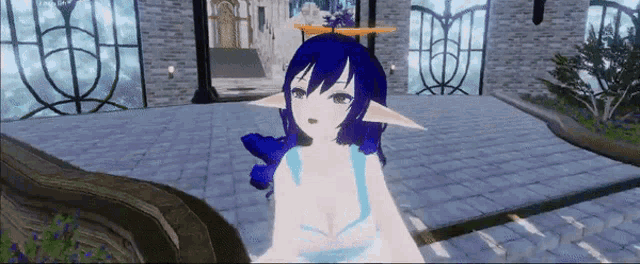 a computer generated image of a girl with long blue hair