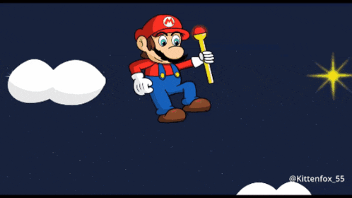 a cartoon of mario flying through the air holding a cane