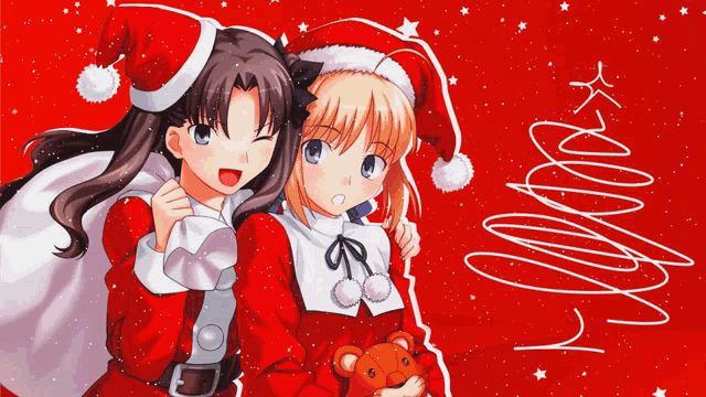 two anime girls wearing santa hats are standing next to each other on a red background