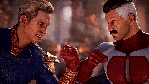 two men in superhero costumes are standing next to each other and one has the letter o on his chest