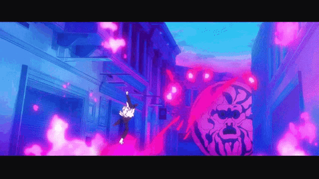 a cartoon character is flying through the air in front of a giant pink sphere