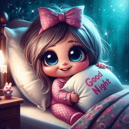 a little girl is laying in bed with a pillow that says good night