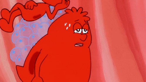 a red cartoon character with a sad look on his face is standing next to another red cartoon character