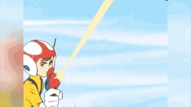 a cartoon character is holding a toy gun with a yellow light coming out of it