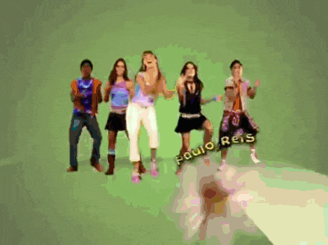 a group of people are dancing in front of a green background with the name paulo reis on the bottom