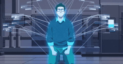 a man in a blue sweater is surrounded by lines of light
