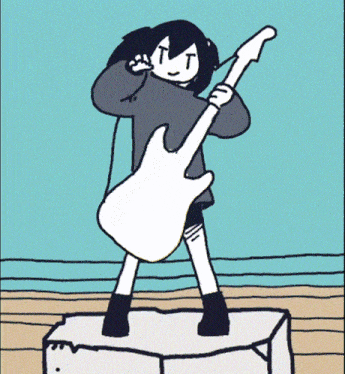 a cartoon of a girl holding a guitar with the letter t on her forehead