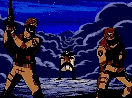 a cartoon of two people tied up in front of a body of water with a cloudy sky in the background .