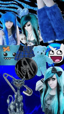 a girl with blue hair is surrounded by various icons