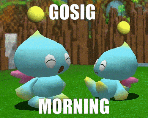 two cartoon characters are standing next to each other with the words gosig morning written on the bottom