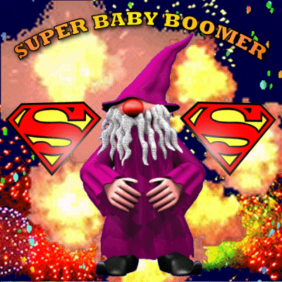 a super baby boomer gnome with a beard and a red nose