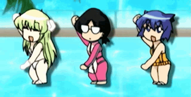 three cartoon girls are standing next to each other in front of a pool