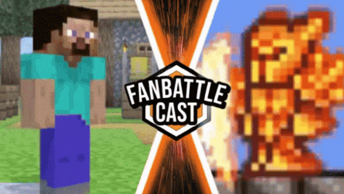 a picture of a minecraft character and a picture of a fire with the words fanbattle cast on the bottom