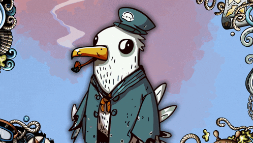 a cartoon of a seagull wearing a hat and coat smoking a pipe