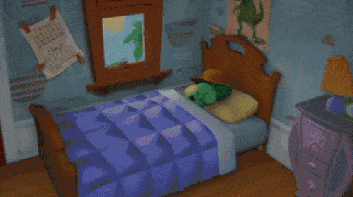 a cartoon drawing of a bedroom with a bed and a poster on the wall that says summer