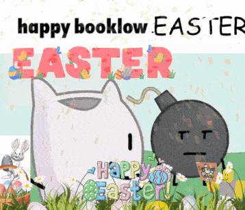 a happy booklow easter greeting card with a cat and a bomb