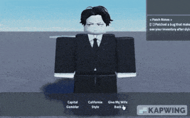 a roblox character in a suit and tie is standing in front of a screen that says kapwing