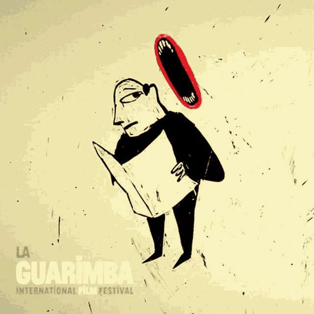 a poster for the guarimba international film festival with a cartoon of a man reading a newspaper