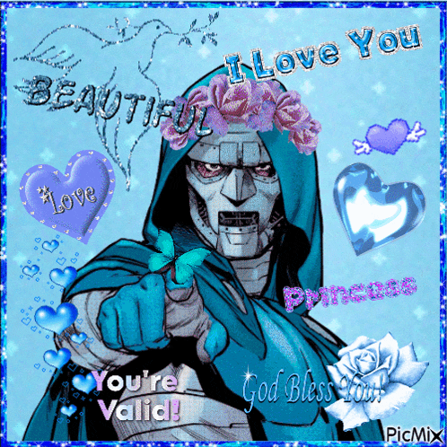 a picture of a robot with flowers on his head and the words " i love you " at the top