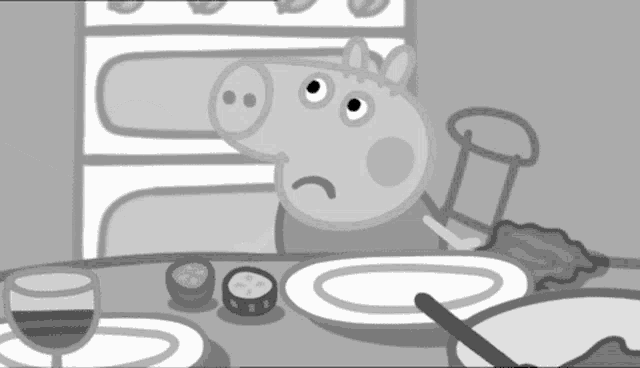 a pig sits at a table with plates and a glass of wine