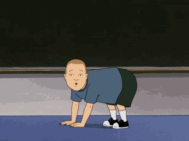 a cartoon of a boy doing push ups in front of a chalkboard