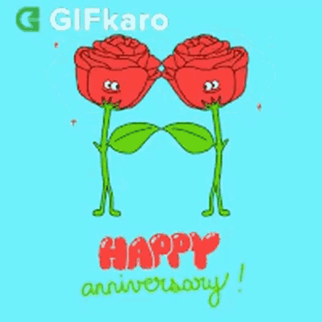 two red roses with faces on them are standing next to each other on a blue background with the words `` happy anniversary '' .