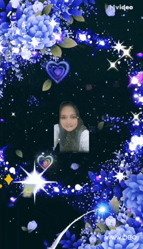a girl is surrounded by blue flowers and stars and the words vivavideo are on the bottom