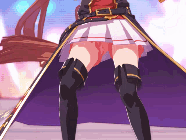 a girl in a skirt and thigh high boots is standing with a sword