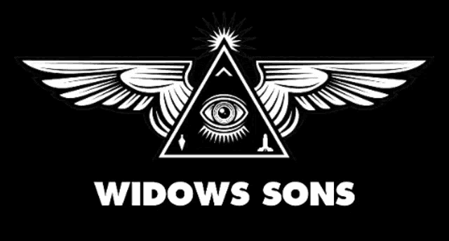 a logo for widows sons with an all seeing eye in a pyramid with wings .