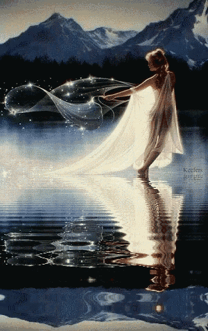 a painting of a woman in a white dress standing in the water