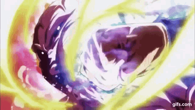 a cartoon character is flying through the air with a purple and yellow swirl behind him .