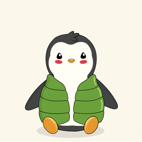 a penguin wearing a party hat and green vest
