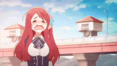 a girl with red hair is standing on a bridge with her mouth wide open