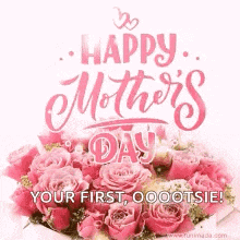 happy mother 's day greeting card with a bouquet of pink roses .