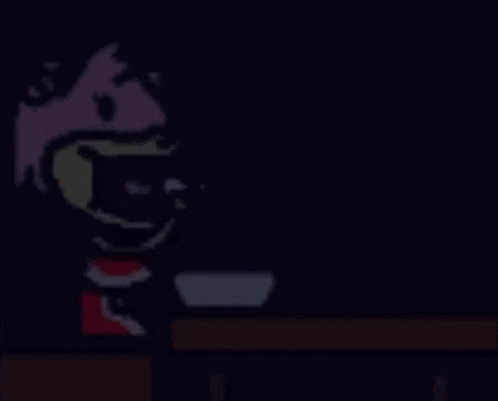 a cartoon character is standing next to a table in the dark .