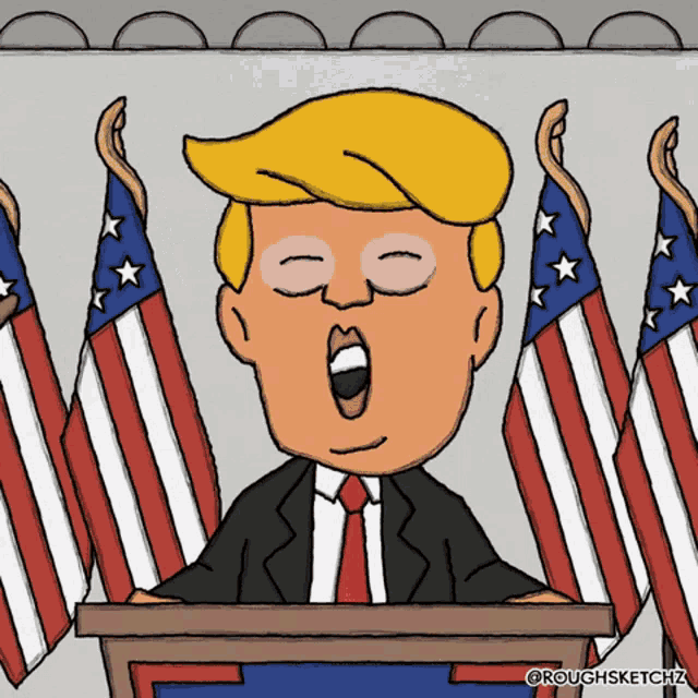 a cartoon drawing of donald trump giving a speech