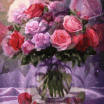 a painting of a vase filled with pink and purple roses