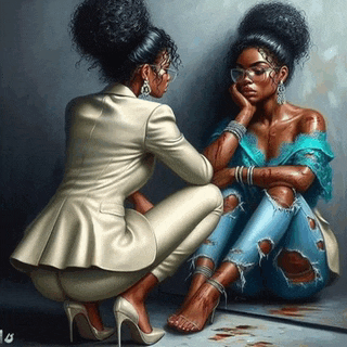 a painting of two women sitting next to each other looking at their reflection in a mirror .
