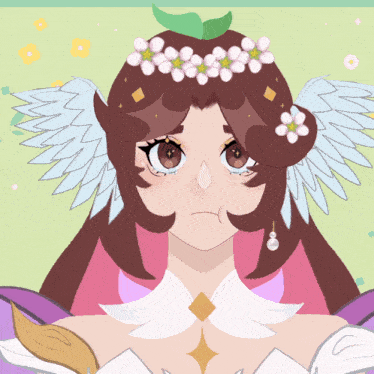 a drawing of a girl with wings and flowers on her head