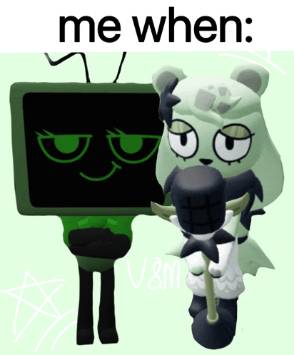a cartoon character holding a microphone next to another cartoon character with the caption me when