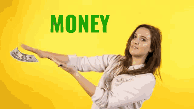 a woman is throwing money in the air and the word money is behind her