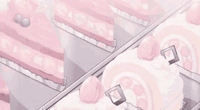 a bunch of pink cakes are sitting on top of a shelf .