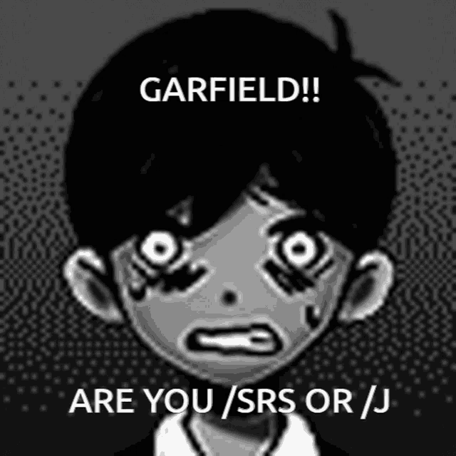 a black and white drawing of a boy with the words garfield are you / srs or / j on the bottom
