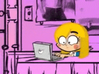 a cartoon girl is sitting at a desk using a laptop computer