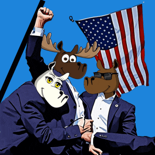 a moose and a horse holding an american flag in a cartoon