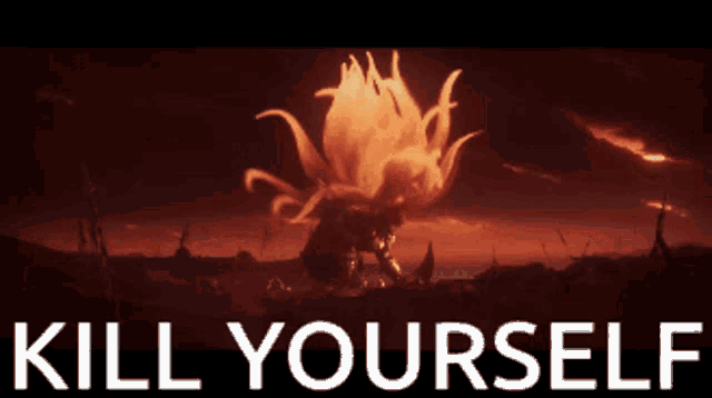 a poster that says kill yourself with a giant monster in the background