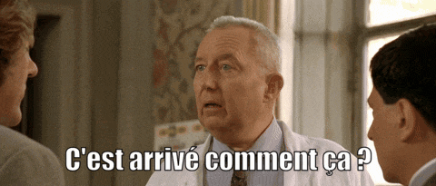 a man in a white coat is talking to two other men with the caption " c'est arrivé comment ca ? "