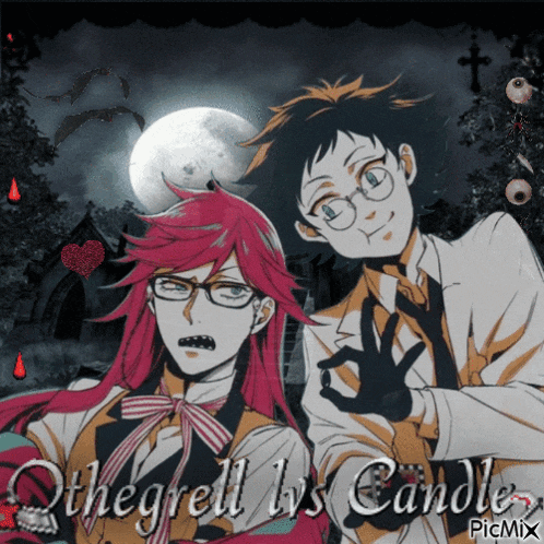 a couple of anime characters standing next to each other with the words othegrell 's candle